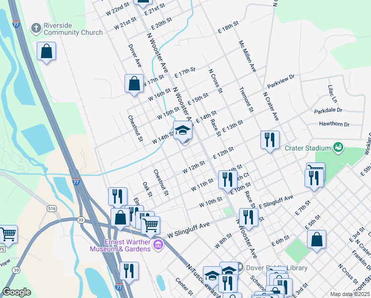 map of restaurants, bars, coffee shops, grocery stores, and more near 125 West 13th Street in Dover