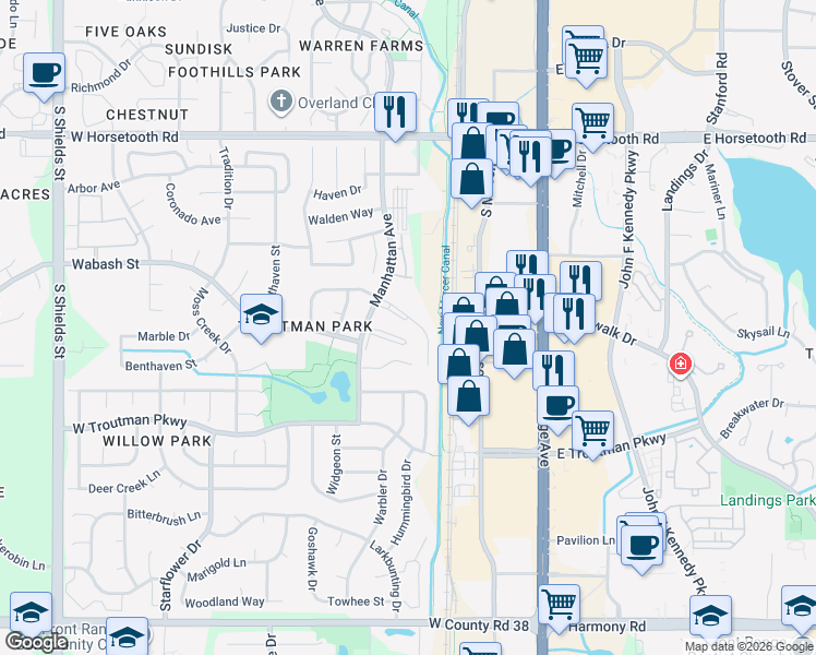 map of restaurants, bars, coffee shops, grocery stores, and more near 352 Albion Way in Fort Collins