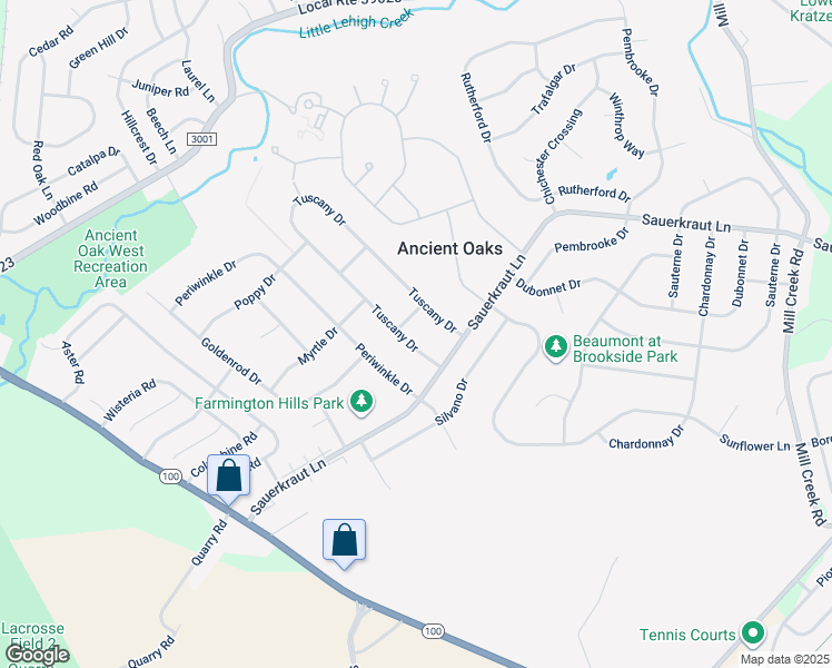 map of restaurants, bars, coffee shops, grocery stores, and more near 7186 Tuscany Drive in Macungie