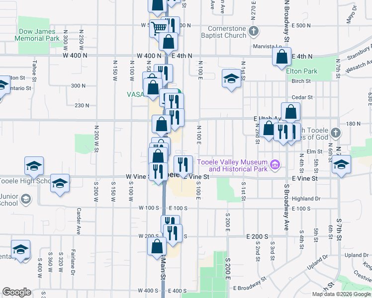 map of restaurants, bars, coffee shops, grocery stores, and more near 139 North 100 East in Tooele