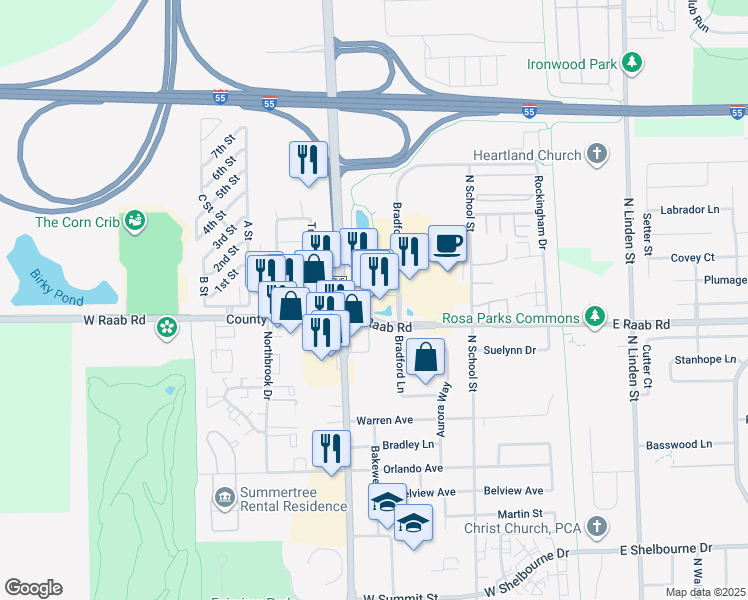 map of restaurants, bars, coffee shops, grocery stores, and more near 1715 Bradford Lane in Normal