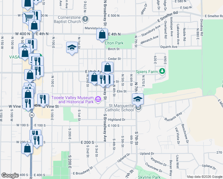 map of restaurants, bars, coffee shops, grocery stores, and more near 388 Date Street in Tooele