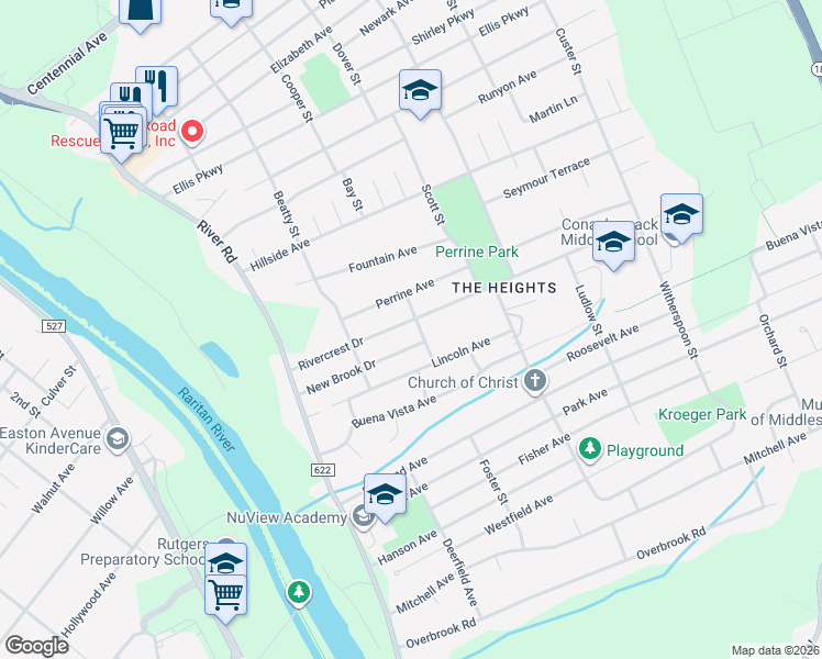 map of restaurants, bars, coffee shops, grocery stores, and more near 121 Perrine Avenue in Piscataway
