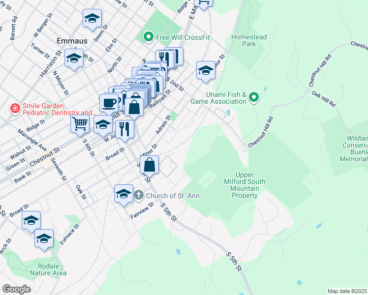 map of restaurants, bars, coffee shops, grocery stores, and more near 330 Powder Mill Lane in Emmaus