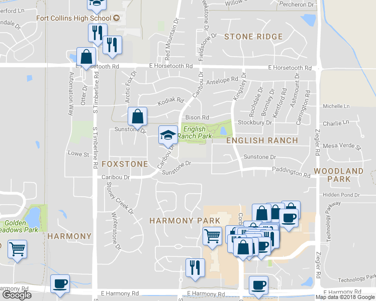 map of restaurants, bars, coffee shops, grocery stores, and more near 4100 Caribou Drive in Fort Collins