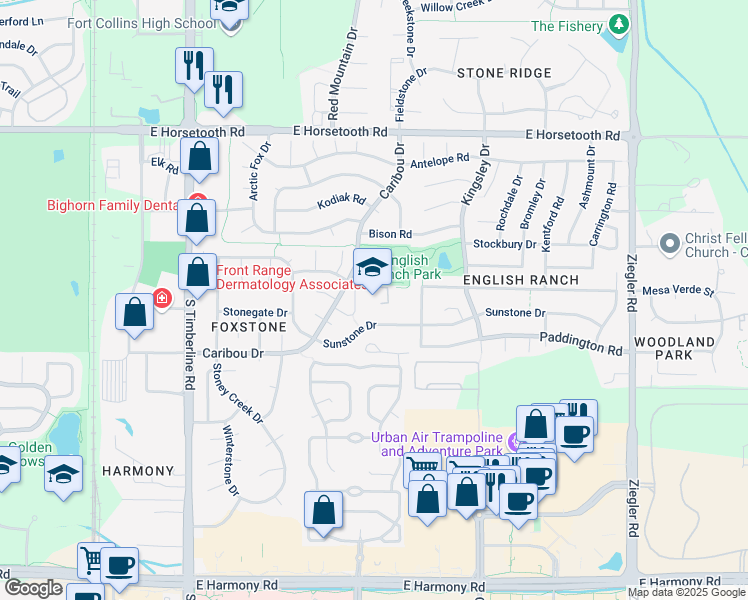 map of restaurants, bars, coffee shops, grocery stores, and more near 4100 Caribou Drive in Fort Collins