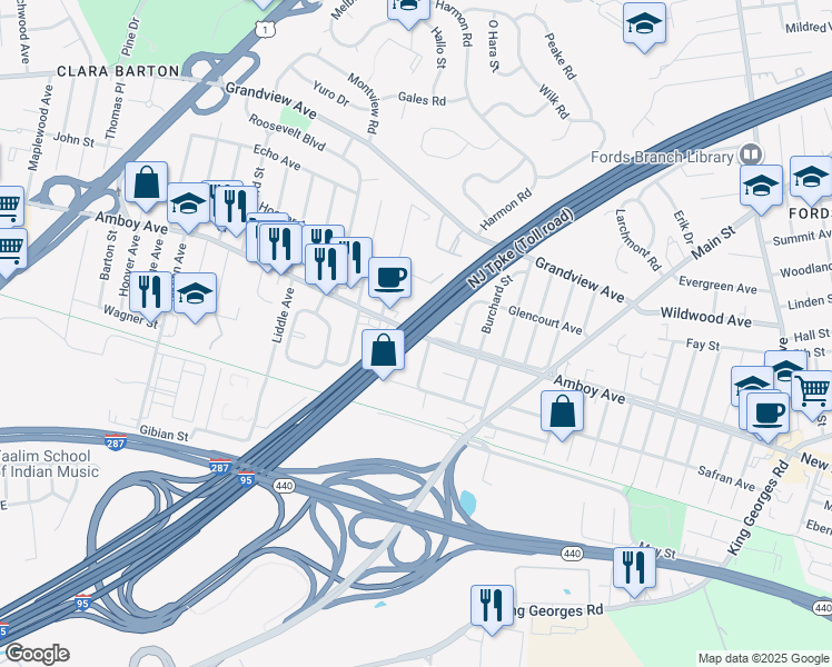 map of restaurants, bars, coffee shops, grocery stores, and more near 904 Amboy Avenue in Edison