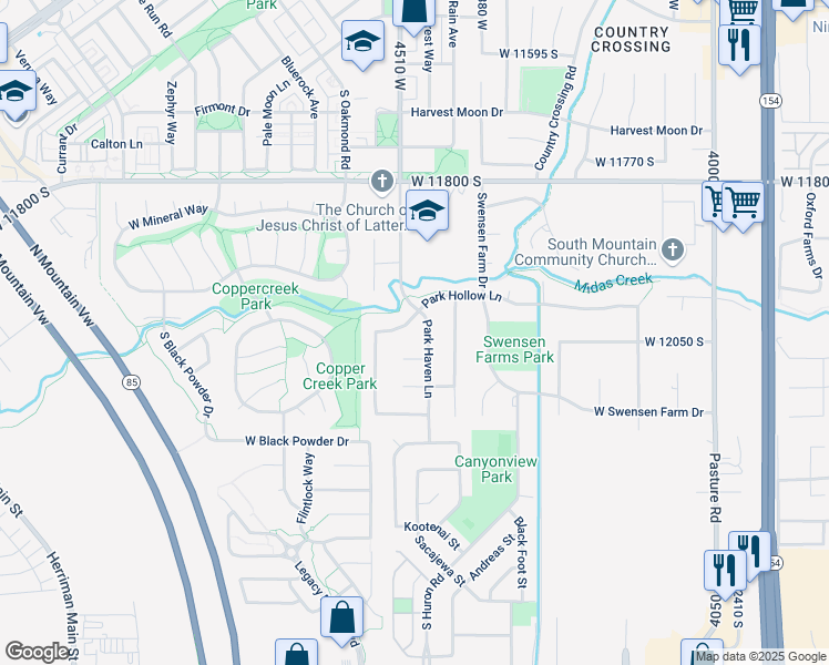 map of restaurants, bars, coffee shops, grocery stores, and more near 4467 Park Hollow Lane in Riverton