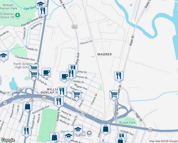map of restaurants, bars, coffee shops, grocery stores, and more near 398 Inslee Street in Perth Amboy