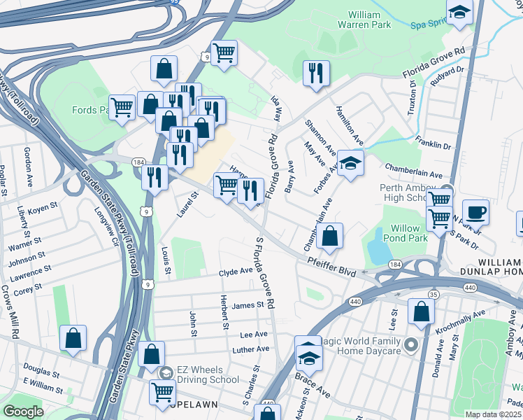 map of restaurants, bars, coffee shops, grocery stores, and more near 559 Florida Grove Road in Perth Amboy