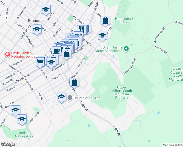 map of restaurants, bars, coffee shops, grocery stores, and more near 330 Powder Mill Lane in Emmaus