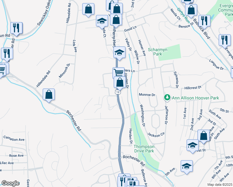 map of restaurants, bars, coffee shops, grocery stores, and more near 908 U.S. 19 in Pittsburgh