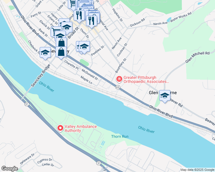 map of restaurants, bars, coffee shops, grocery stores, and more near 924 Boundary Street in Sewickley