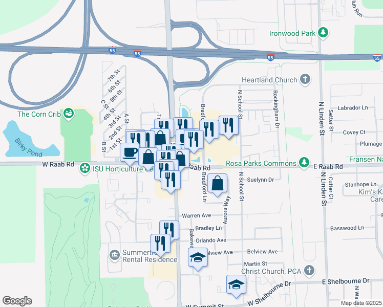 map of restaurants, bars, coffee shops, grocery stores, and more near 1735 Bradford Lane in Normal