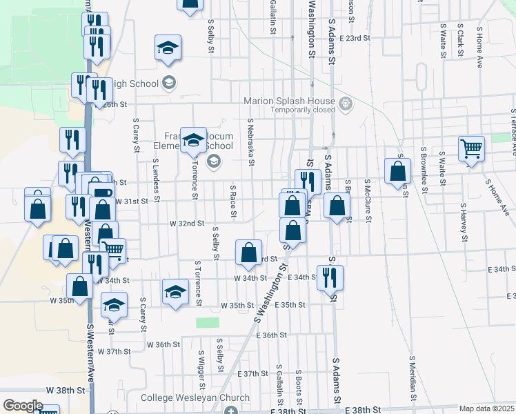 map of restaurants, bars, coffee shops, grocery stores, and more near 3103 South Nebraska Street in Marion