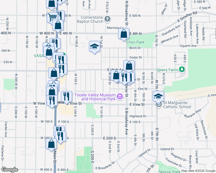 map of restaurants, bars, coffee shops, grocery stores, and more near 111 North 2nd Street in Tooele