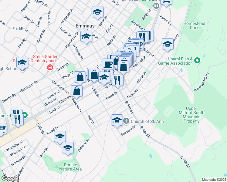 map of restaurants, bars, coffee shops, grocery stores, and more near 517 Broad Street in Emmaus