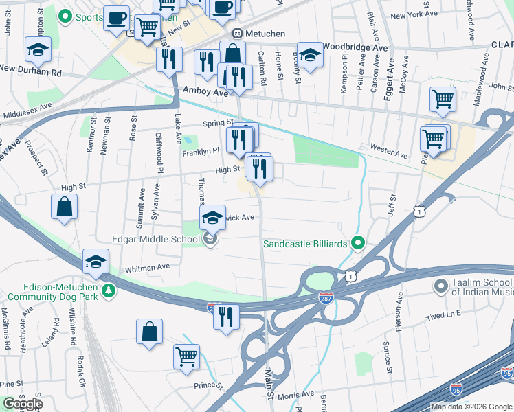 map of restaurants, bars, coffee shops, grocery stores, and more near 25 West Walnut Street in Metuchen