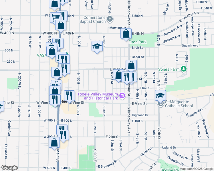 map of restaurants, bars, coffee shops, grocery stores, and more near 124 North 1st Street in Tooele