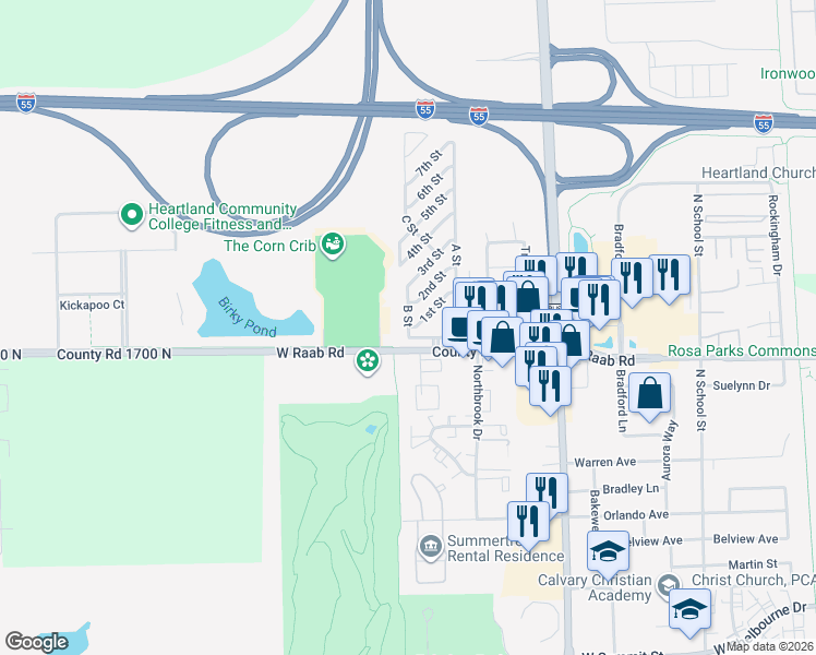 map of restaurants, bars, coffee shops, grocery stores, and more near 9 B Street in Normal