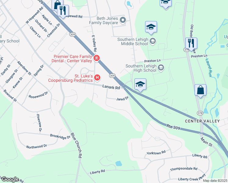 map of restaurants, bars, coffee shops, grocery stores, and more near 5502 Lanark Road in Lehigh County