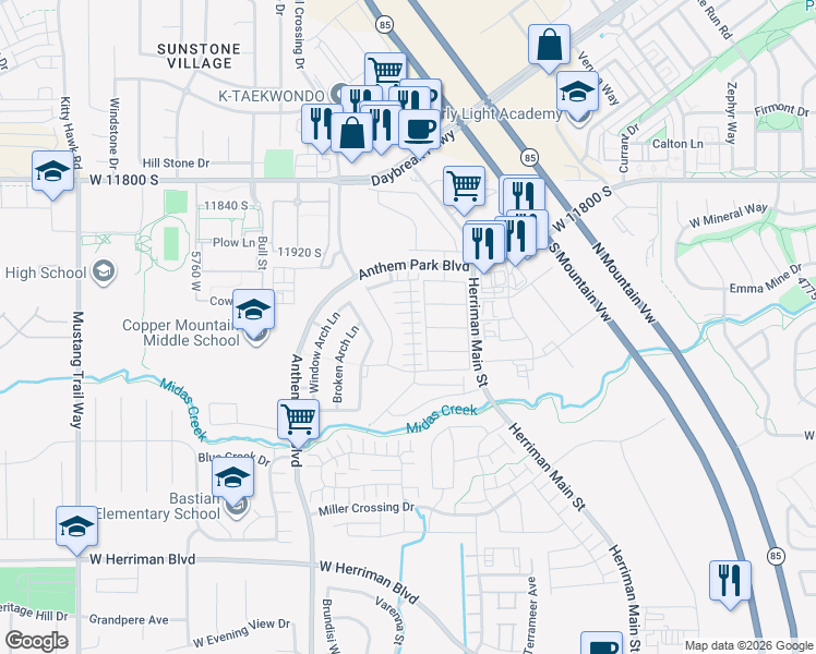 map of restaurants, bars, coffee shops, grocery stores, and more near 5397 Parsons Peak Pl in Herriman