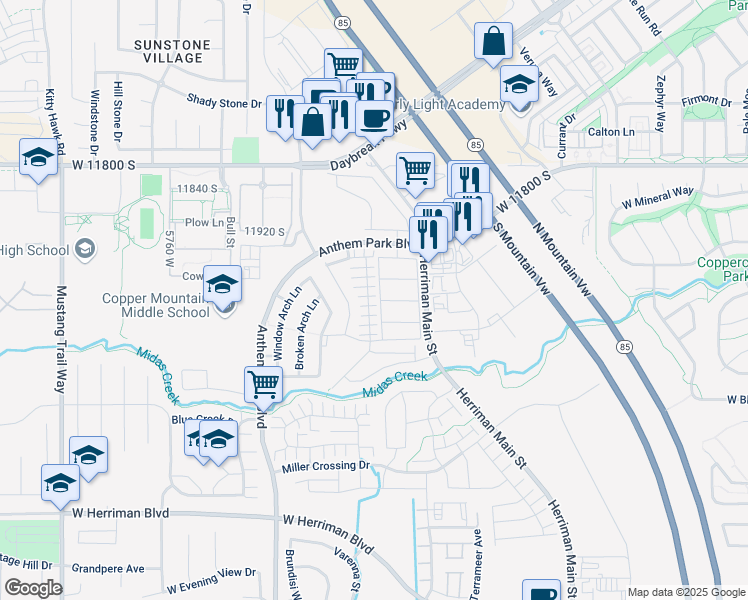 map of restaurants, bars, coffee shops, grocery stores, and more near 5381 Mount Maclure Pl in Herriman