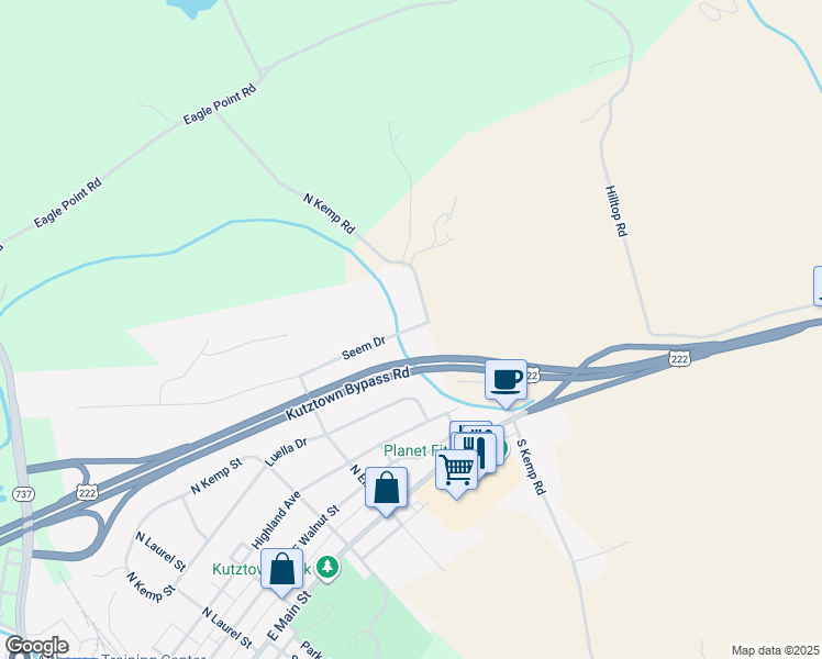 map of restaurants, bars, coffee shops, grocery stores, and more near 743 Seem Dr in Kutztown