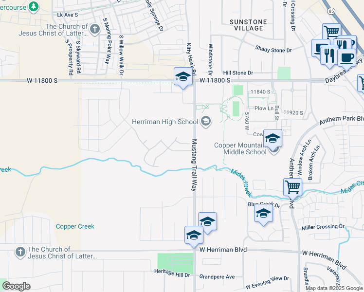 map of restaurants, bars, coffee shops, grocery stores, and more near 6043 West Snake River Drive in Herriman