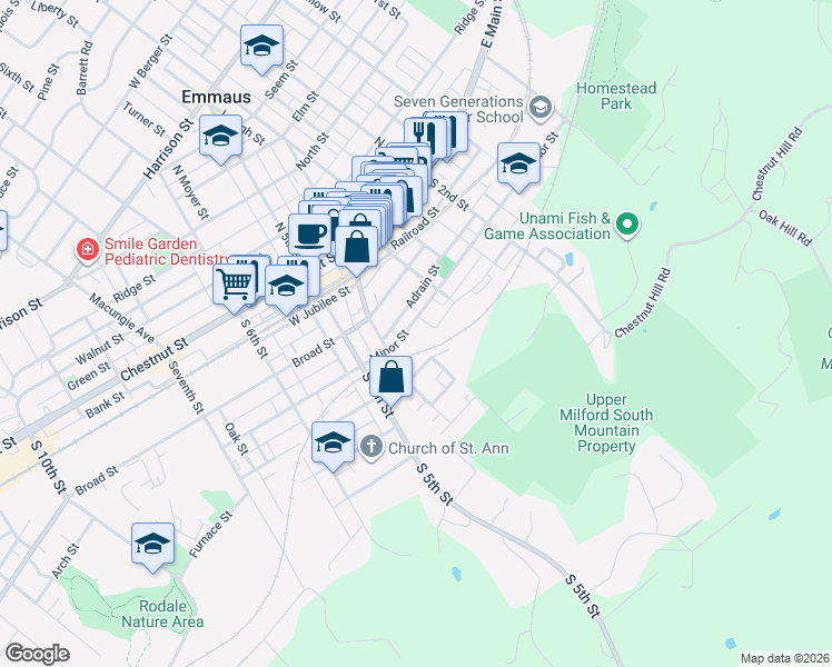 map of restaurants, bars, coffee shops, grocery stores, and more near 368 Minor Street in Emmaus
