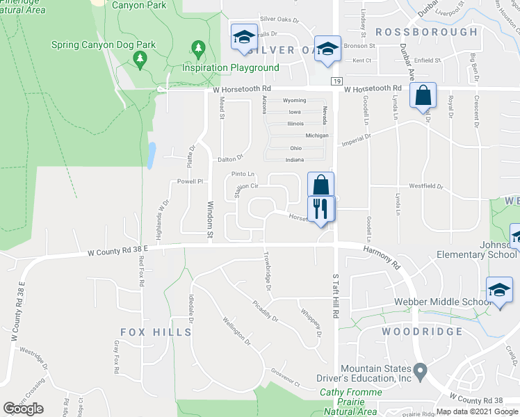 map of restaurants, bars, coffee shops, grocery stores, and more near 146 Colt Circle in Fort Collins