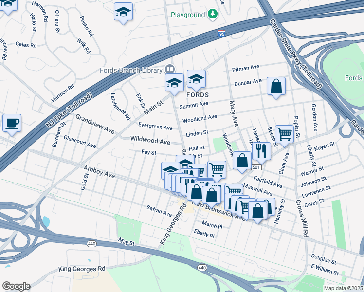 map of restaurants, bars, coffee shops, grocery stores, and more near 12 Linden Street in Woodbridge Township