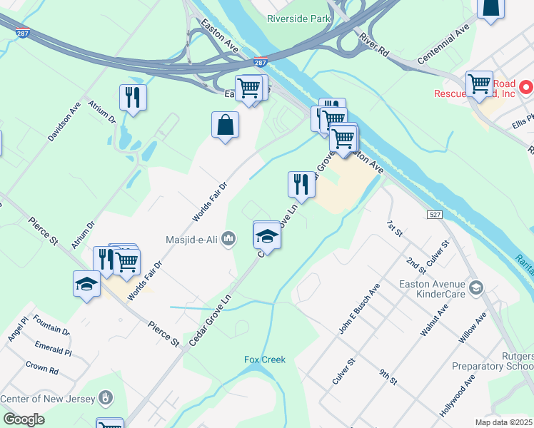 map of restaurants, bars, coffee shops, grocery stores, and more near 31 Cedar Grove Lane in Franklin Township
