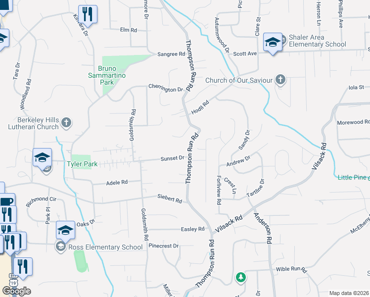 map of restaurants, bars, coffee shops, grocery stores, and more near 533 Thompson Run Road in Pittsburgh