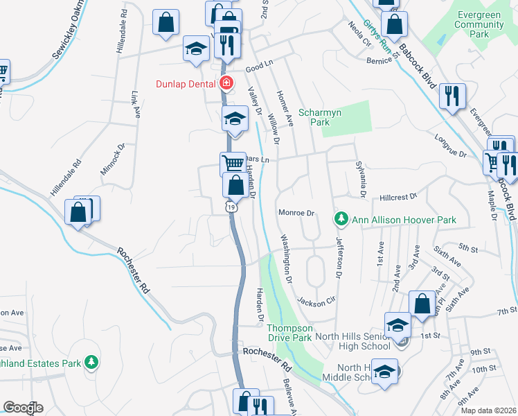 map of restaurants, bars, coffee shops, grocery stores, and more near 954 Harden Drive in Pittsburgh