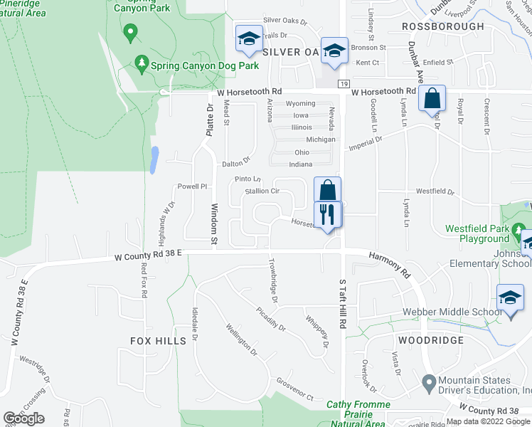 map of restaurants, bars, coffee shops, grocery stores, and more near 146 Colt Circle in Fort Collins