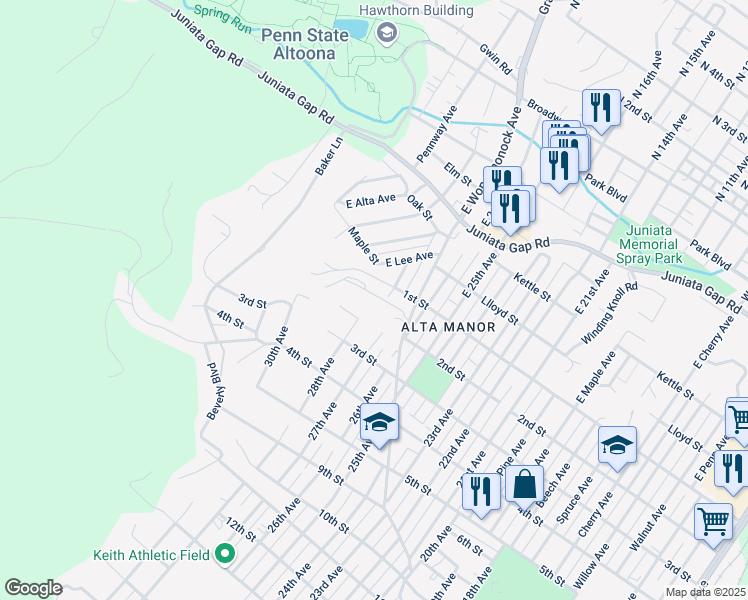 map of restaurants, bars, coffee shops, grocery stores, and more near 200 College Park Drive in Altoona