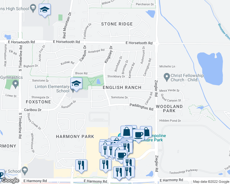 map of restaurants, bars, coffee shops, grocery stores, and more near 2727 Stonehaven Drive in Fort Collins