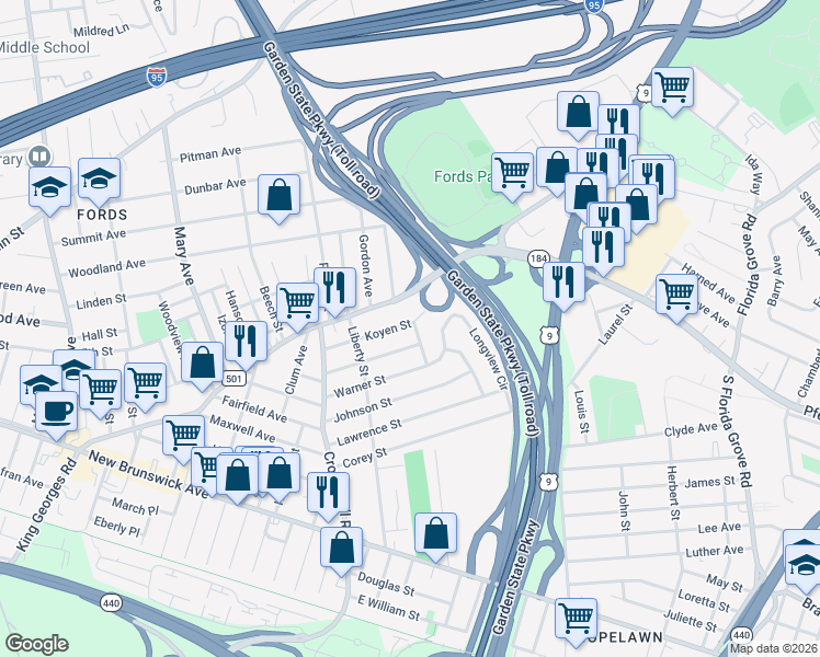 map of restaurants, bars, coffee shops, grocery stores, and more near 91 Koyen Street in Woodbridge Township