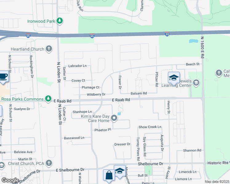map of restaurants, bars, coffee shops, grocery stores, and more near 1710 Sunrise Point in Normal