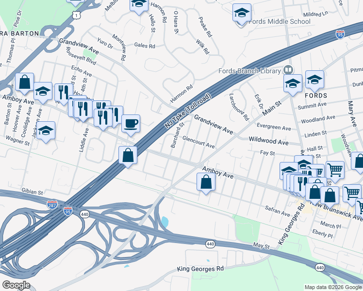 map of restaurants, bars, coffee shops, grocery stores, and more near 36 Carlton Street in Edison