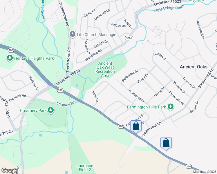 map of restaurants, bars, coffee shops, grocery stores, and more near 1924 Aster Road in Macungie