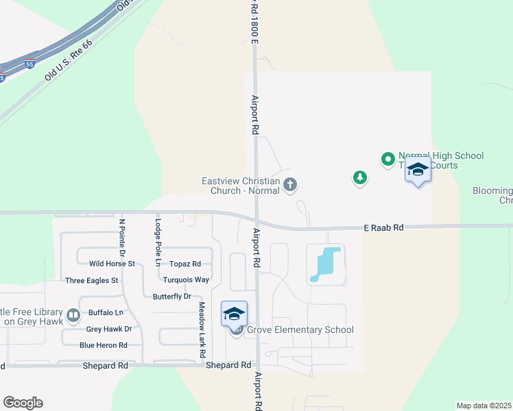 map of restaurants, bars, coffee shops, grocery stores, and more near Airport Road in Normal