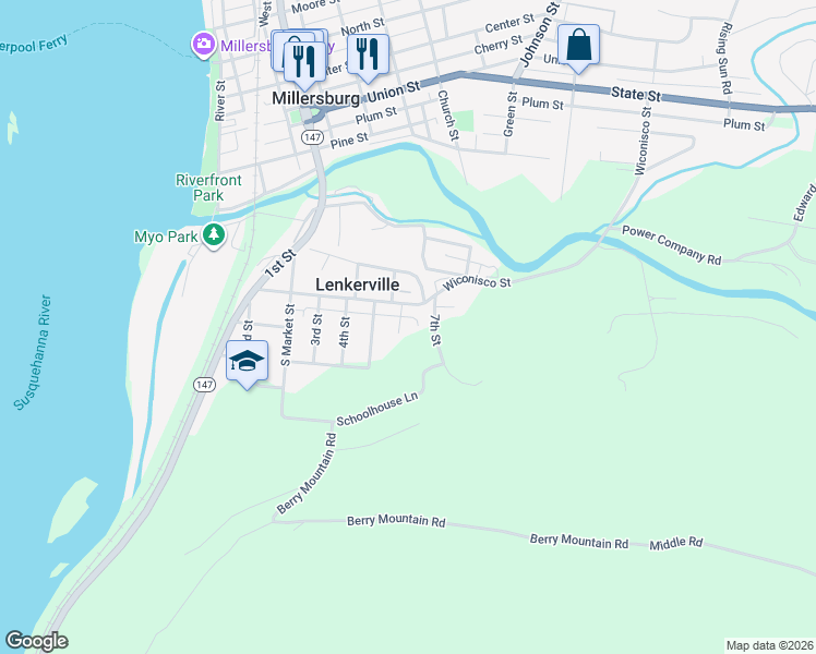 map of restaurants, bars, coffee shops, grocery stores, and more near 105 6th Street in Millersburg