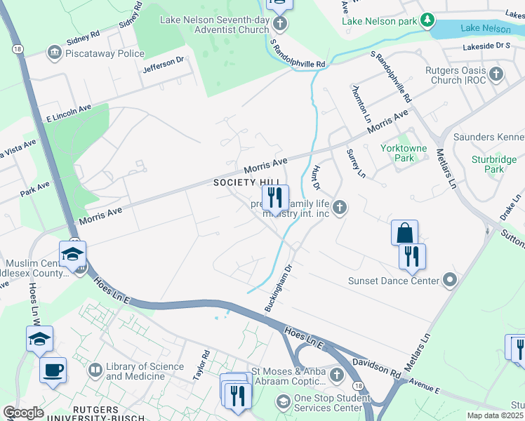 map of restaurants, bars, coffee shops, grocery stores, and more near 55 Canterbury Court in Piscataway