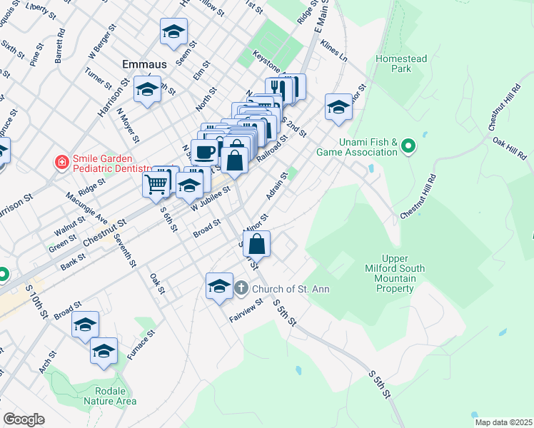 map of restaurants, bars, coffee shops, grocery stores, and more near 368 Minor Street in Emmaus