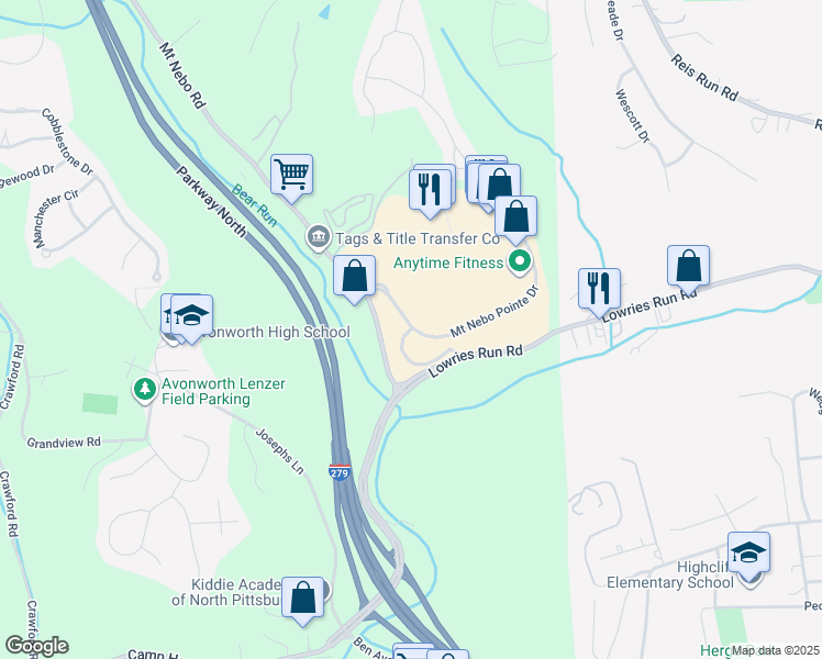 map of restaurants, bars, coffee shops, grocery stores, and more near Mount Nebo Pointe Drive in Pittsburgh