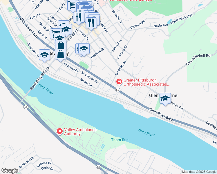 map of restaurants, bars, coffee shops, grocery stores, and more near 924 Boundary Street in Sewickley