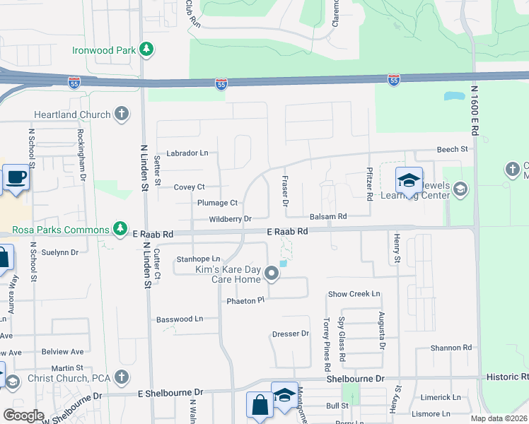 map of restaurants, bars, coffee shops, grocery stores, and more near 1710 Sunrise Point in Normal