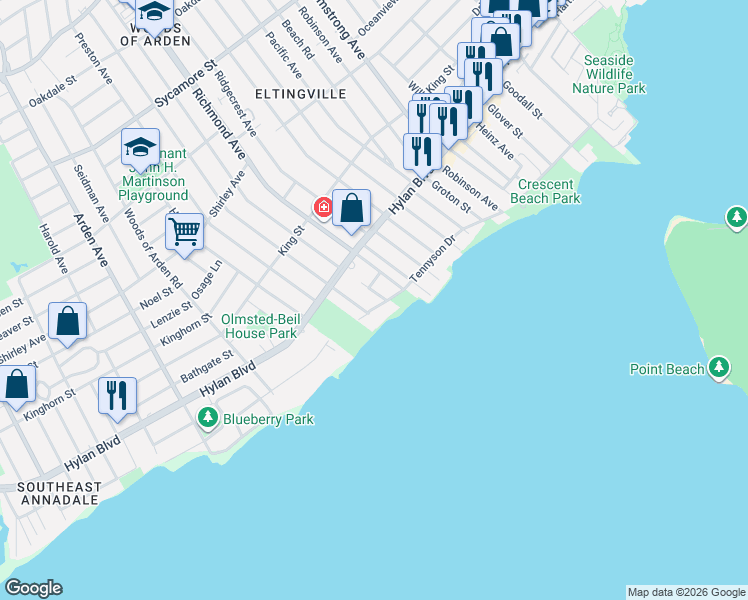 map of restaurants, bars, coffee shops, grocery stores, and more near 520 Tennyson Drive in Staten Island